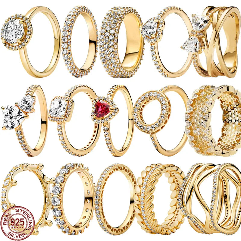 Classic Simple Christmas Birthday Gifts 925 Sterling Silver Gold Color Crown Heart-shaped Ring Exquisite Charm Women's Jewelry