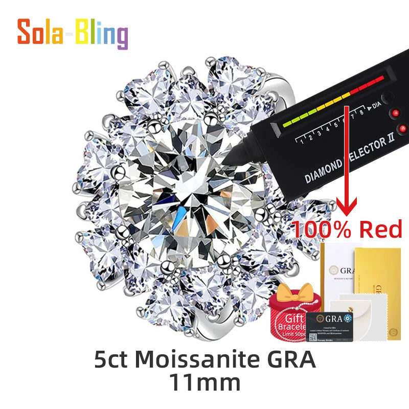 Sola-Bling 100% Pass Diamond Tester 5ct Moissanite Ring 925 Sterling Silver Rings for Women Fashion Elegant Gift Party Jewelry