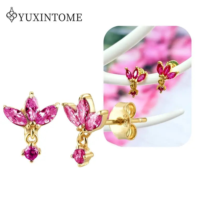 Rose Red Zircon Gold Earrings for women 925 Sterling Silver Ear Needle Geometric Pendant Hoop Earrings Fashion Wedding Jewelry