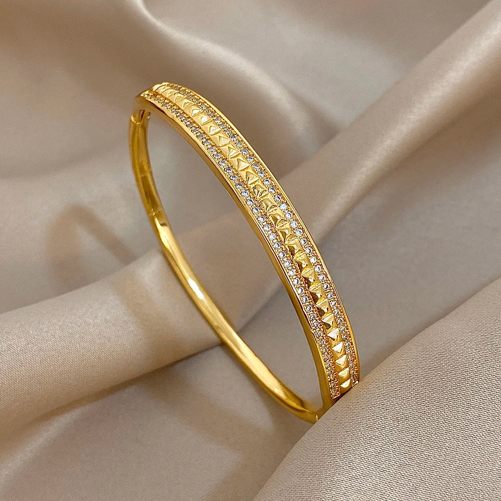 Luxury Multilayer Micro Inlaid Zircon Cuff Bracelet for Women Elegant Gold Plated Copper Stacked Bracelets Fashion Jewelry