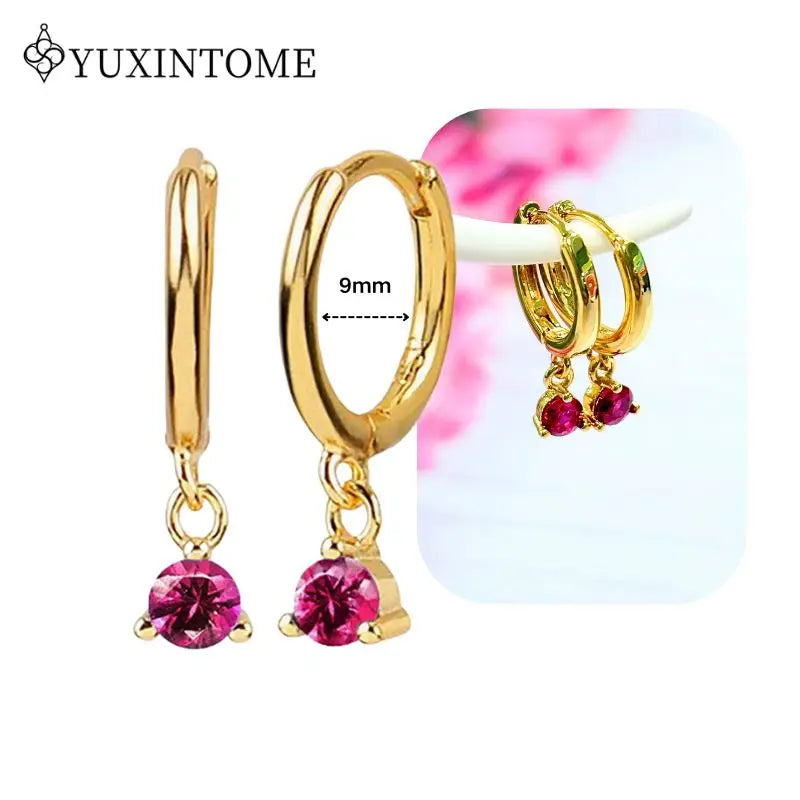 Rose Red Zircon Gold Earrings for women 925 Sterling Silver Ear Needle Geometric Pendant Hoop Earrings Fashion Wedding Jewelry