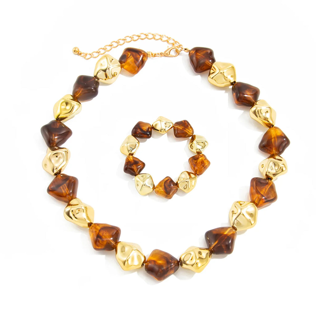 SHIXIN Bohemian Resin Acrylic Necklace Bracelet Jewelry Set for Women Retro Bead Chain Choker Necklace Elastic Bangle Lady Gift