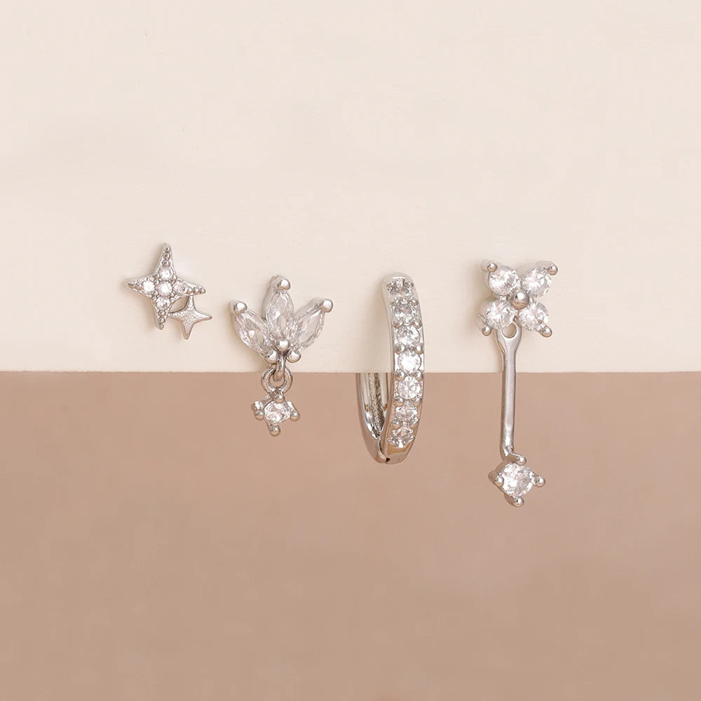 4PCS Zircon Star Moon Flower Small Hoop Earrings Set For Women Stainless Steel Huggies Pendant Piercing Earrings Jewelry Aretes