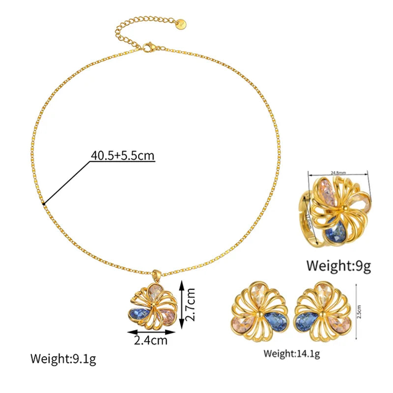 Letdiffery Fashion Hollow Zircon Flower Earring Ring Necklace Set for Women Stainless Steel Delicate Colorful Floral Jewelry Set