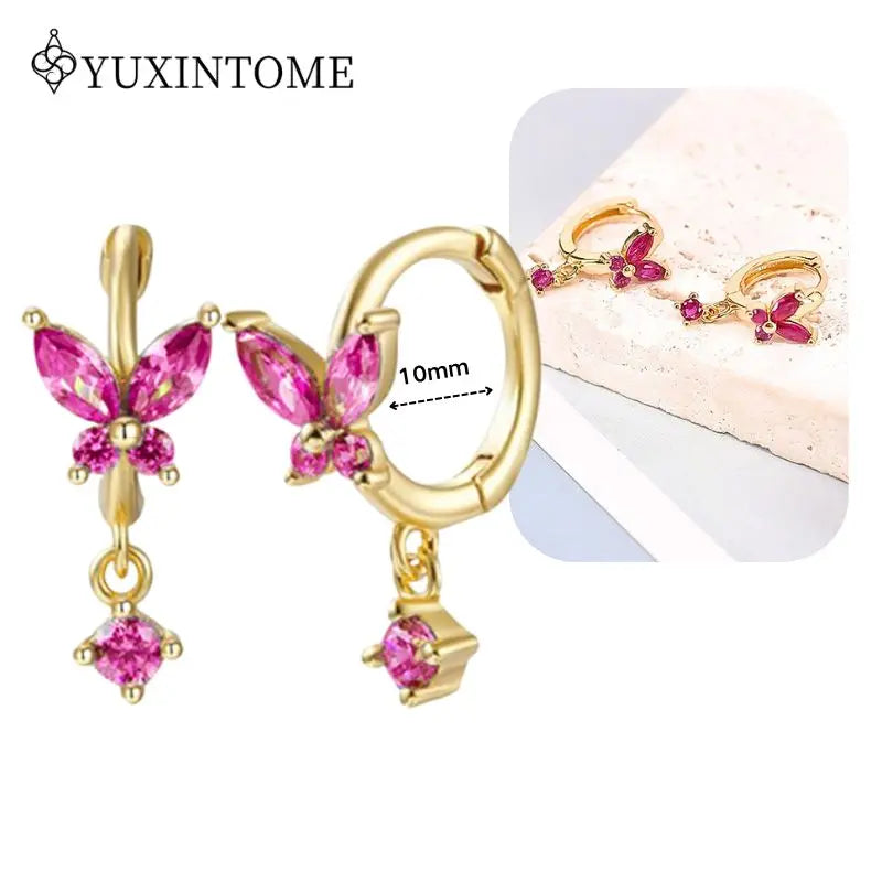 Rose Red Zircon Gold Earrings for women 925 Sterling Silver Ear Needle Geometric Pendant Hoop Earrings Fashion Wedding Jewelry