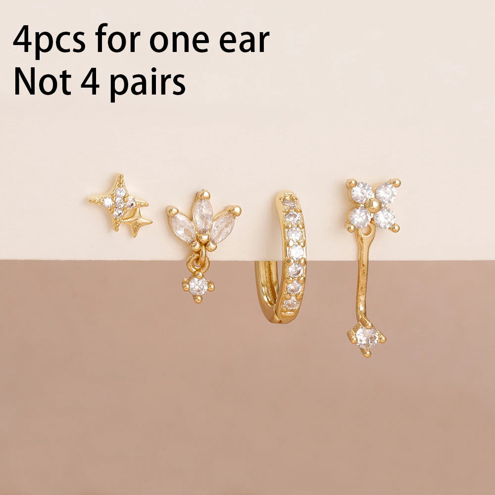 4PCS Zircon Star Moon Flower Small Hoop Earrings Set For Women Stainless Steel Huggies Pendant Piercing Earrings Jewelry Aretes