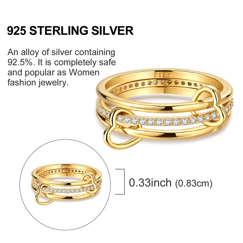 Ring 925 Sterling Silver Sparkling Gold Heart Star Moon Chain Ring For Women Man Girl Wedding Anniversary Part Ring Jewelry Gift