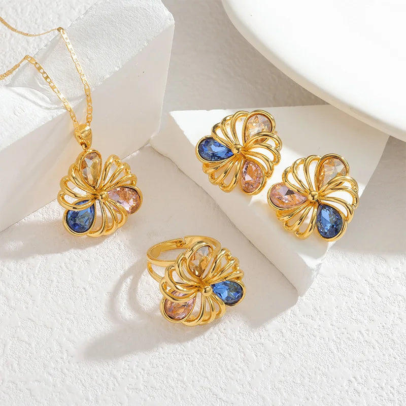 Letdiffery Fashion Hollow Zircon Flower Earring Ring Necklace Set for Women Stainless Steel Delicate Colorful Floral Jewelry Set