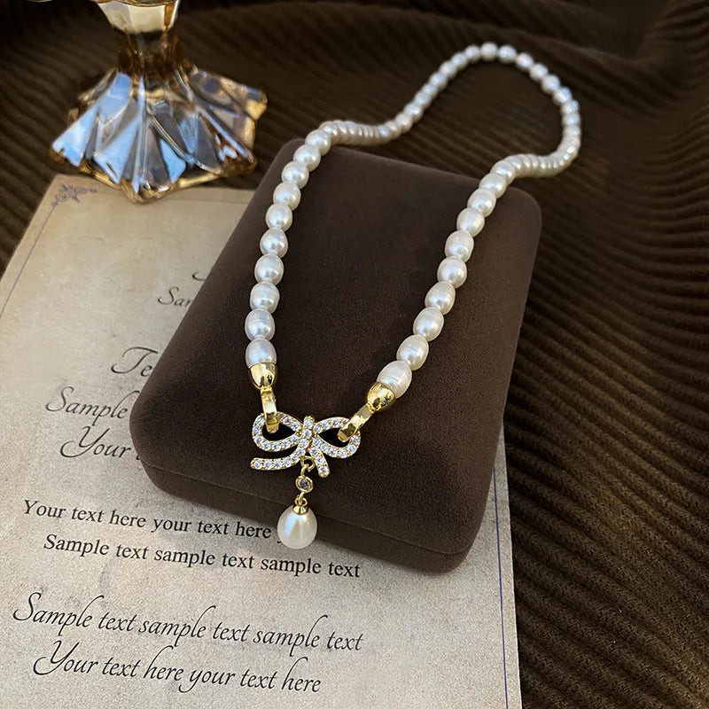 100% Natural Freshwater Pearl Elegant Bowknot 14K Gold Filled Female Short Chain Necklace Jewelry For Women Wedding Gifts