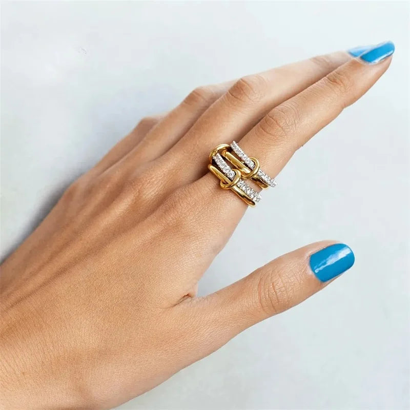 A Niche Two-Color Four-Ring Copper Jewelry Ring, Hypoallergenic, Ins Style, Stacking Artifact, Suitable For Young Wome Jewelry