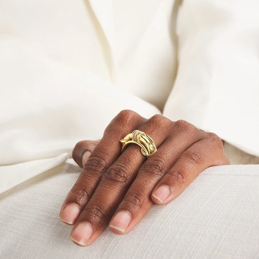 Luxury Cubic Zirconia Gold Plating Multilayer Connecting Rings for Women Fashion Mixed Color Stackable Finger Ring Party Jewelry