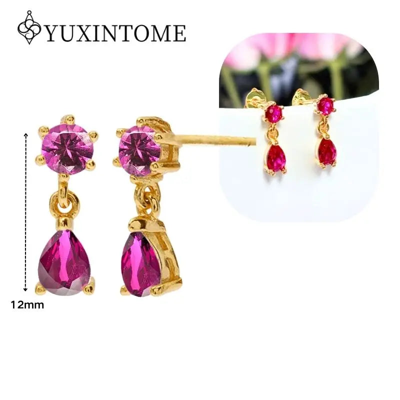 Rose Red Zircon Gold Earrings for women 925 Sterling Silver Ear Needle Geometric Pendant Hoop Earrings Fashion Wedding Jewelry
