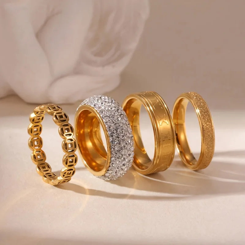 4 pieces Stainless Steel Ring Set For Women Trendy Luxury Zircon Finger Jewelry Accessory Female Party Gift