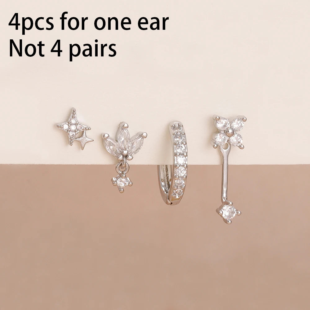 4PCS Zircon Star Moon Flower Small Hoop Earrings Set For Women Stainless Steel Huggies Pendant Piercing Earrings Jewelry Aretes