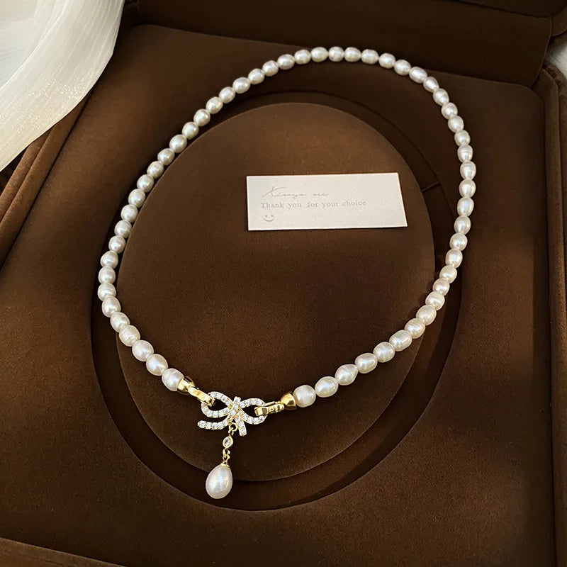 100% Natural Freshwater Pearl Elegant Bowknot 14K Gold Filled Female Short Chain Necklace Jewelry For Women Wedding Gifts