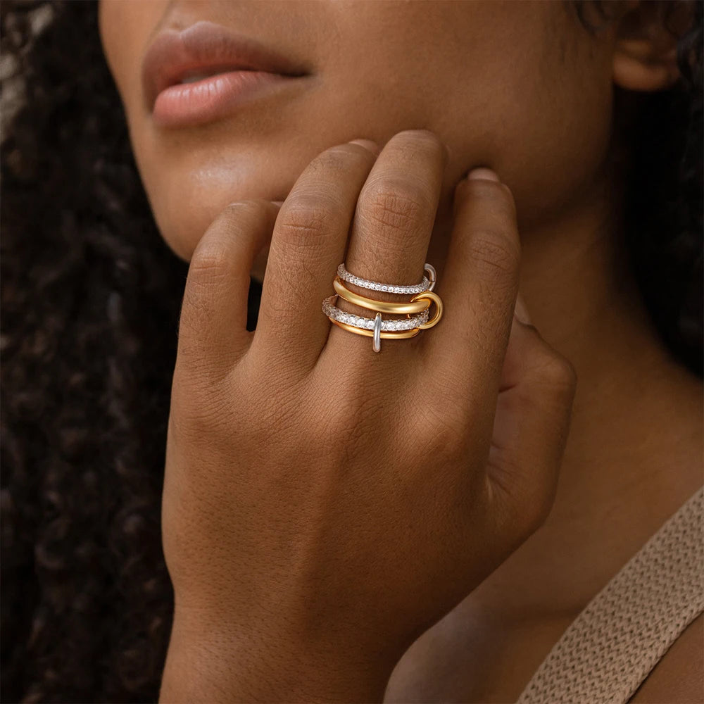 Luxury Cubic Zirconia Gold Plating Multilayer Connecting Rings for Women Fashion Mixed Color Stackable Finger Ring Party Jewelry