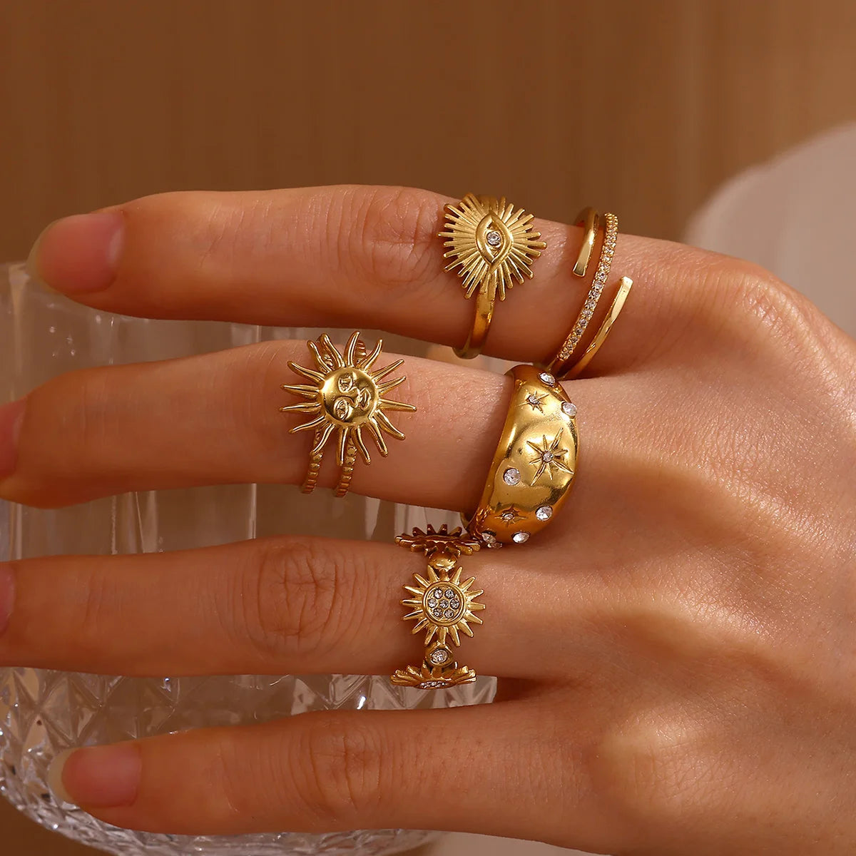 Stainless Steel Tiny Zircon Rings For Women Exquisite Gold Color Sun Double-Layer Ring Punk Hip-Hop Accessory Bague Jewelry Gift