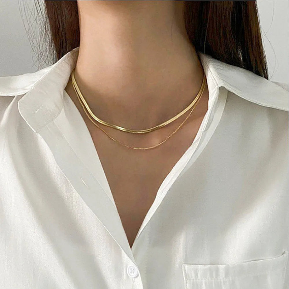 Delicate Double Layer Thin Snake Chain Necklace for Women Sexy Gold Color Cool Clavicle Chain Necklace Aesthetic Y2k Jewelry