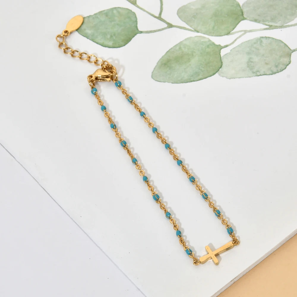 ZMZY Girls Boho Thin Chain Stainless Steel Bracelets For Women Gold Color Peach Pink Cross Charm Beautiful Gift