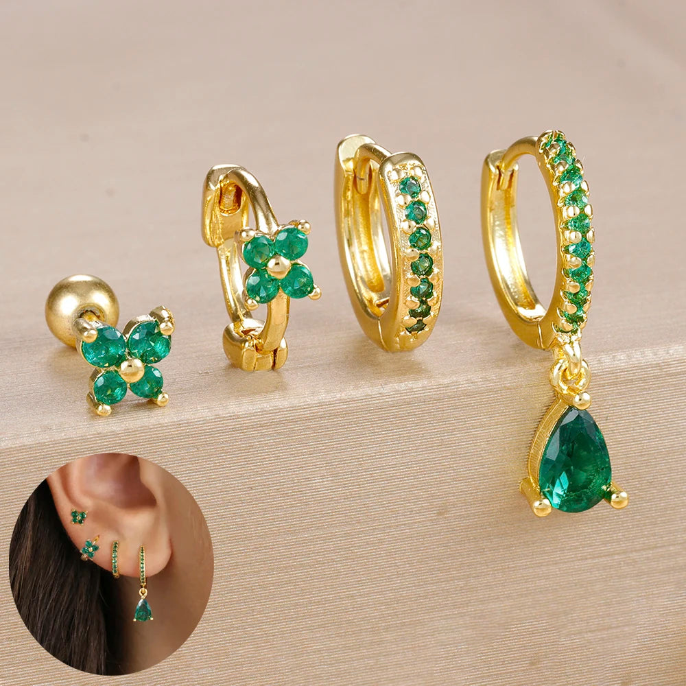 4PCS Zircon Star Moon Flower Small Hoop Earrings Set For Women Stainless Steel Huggies Pendant Piercing Earrings Jewelry Aretes