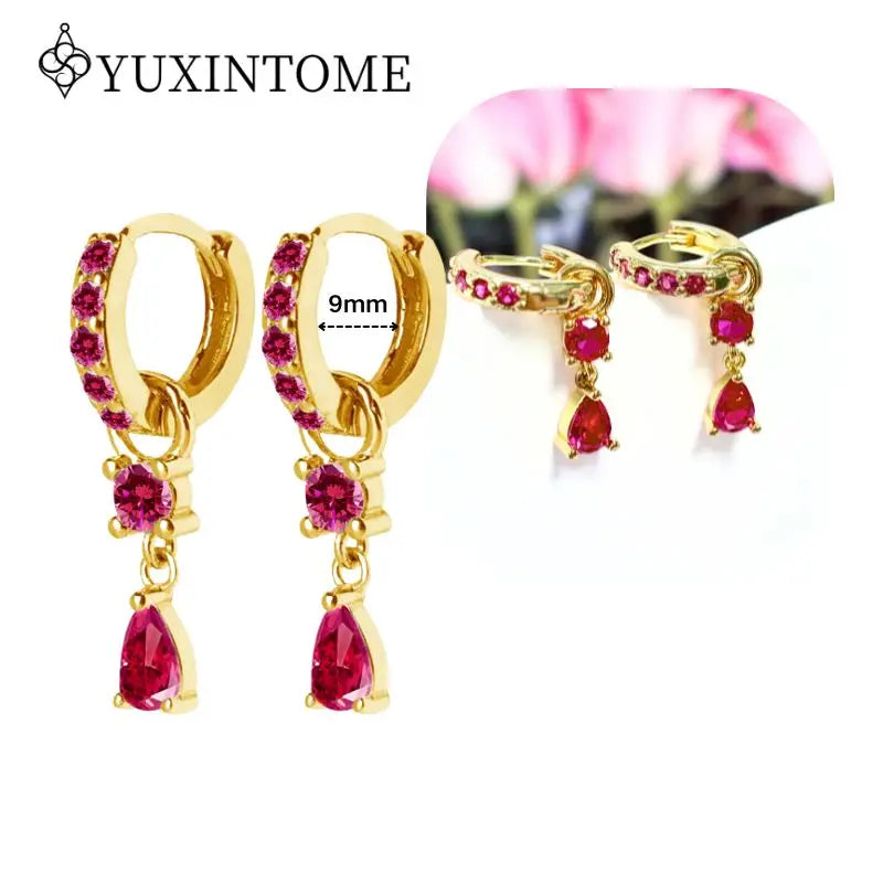 Rose Red Zircon Gold Earrings for women 925 Sterling Silver Ear Needle Geometric Pendant Hoop Earrings Fashion Wedding Jewelry