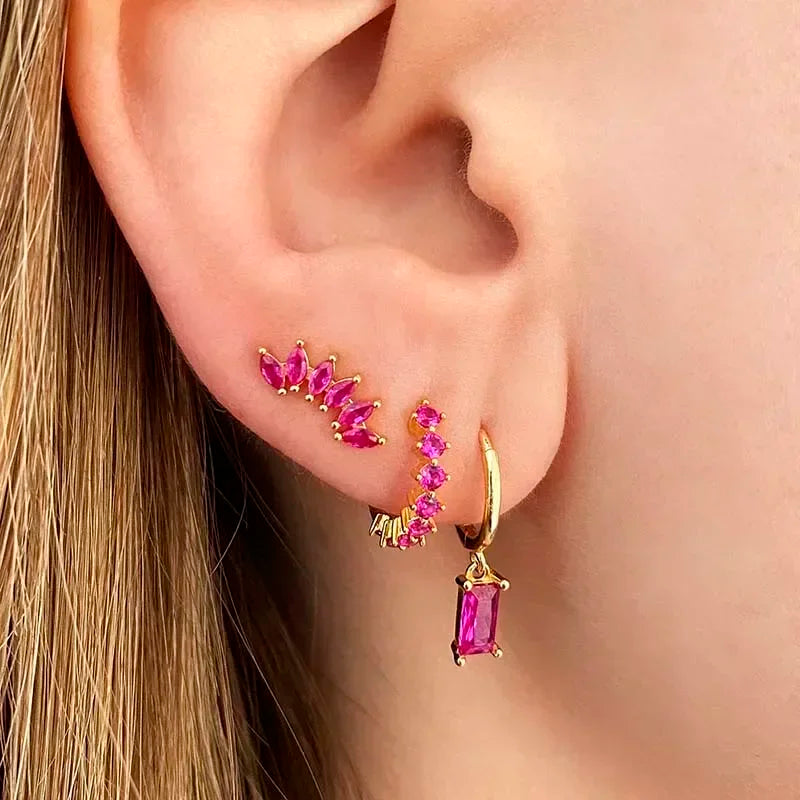 Rose Red Zircon Gold Earrings for women 925 Sterling Silver Ear Needle Geometric Pendant Hoop Earrings Fashion Wedding Jewelry