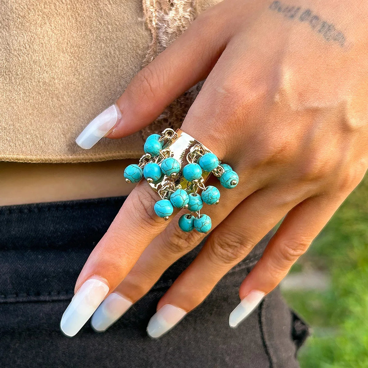 Vintage Colored Gemstones Beads Ball Tassels Wide Ring for Women Personality Exaggerated Metal Open Finger Ring Jewelry Gift