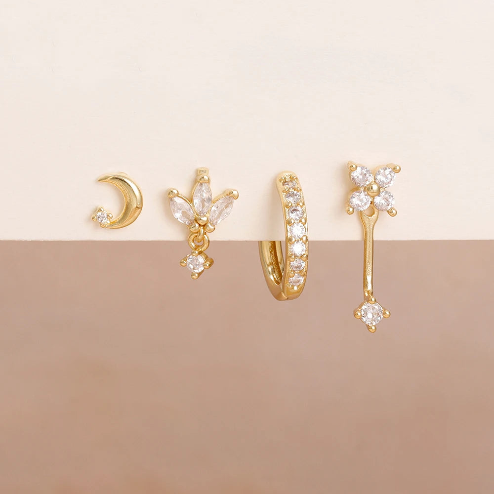 4PCS Zircon Star Moon Flower Small Hoop Earrings Set For Women Stainless Steel Huggies Pendant Piercing Earrings Jewelry Aretes