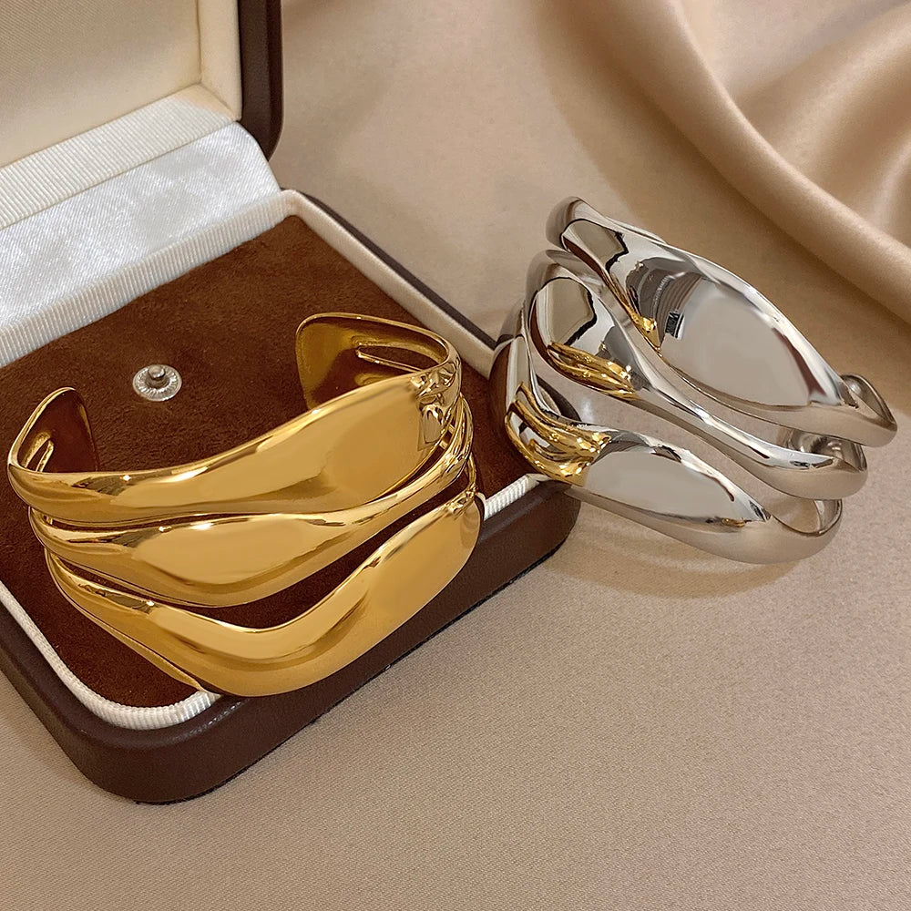 Irregular Gold Plated Stainless Steel Wide Bracelet Exaggerated Smooth Multilayer Geometric Cuff Bangles Waterproof Jewelry
