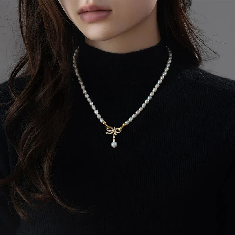 100% Natural Freshwater Pearl Elegant Bowknot 14K Gold Filled Female Short Chain Necklace Jewelry For Women Wedding Gifts