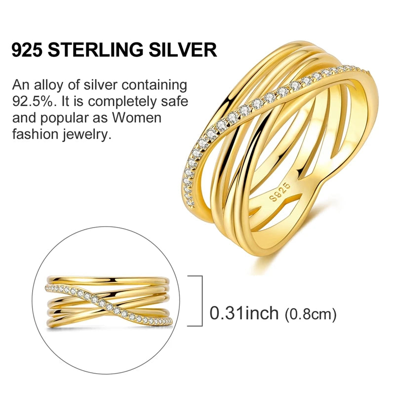 Ring 925 Sterling Silver Sparkling Gold Heart Star Moon Chain Ring For Women Man Girl Wedding Anniversary Part Ring Jewelry Gift