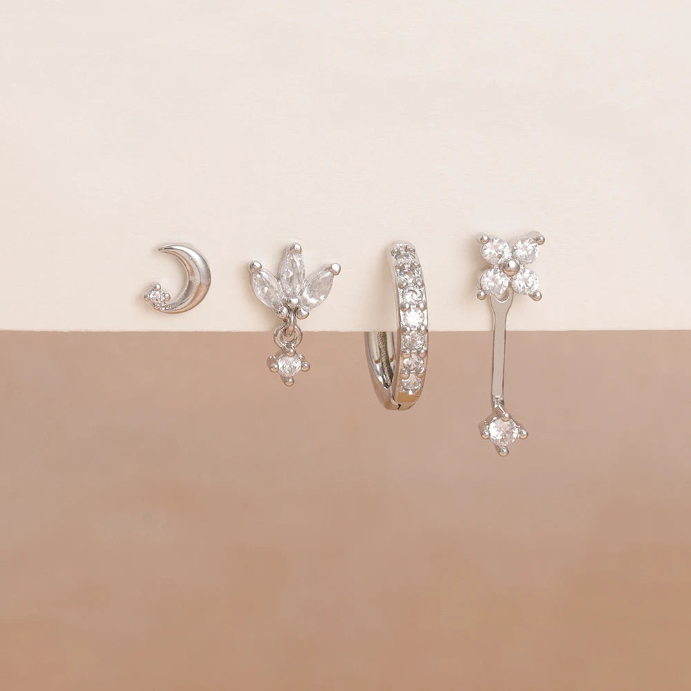4PCS Zircon Star Moon Flower Small Hoop Earrings Set For Women Stainless Steel Huggies Pendant Piercing Earrings Jewelry Aretes
