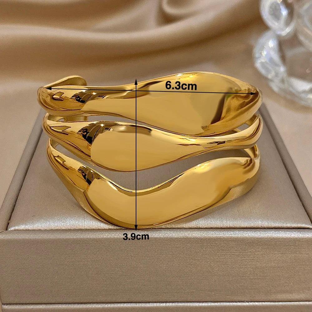 Irregular Gold Plated Stainless Steel Wide Bracelet Exaggerated Smooth Multilayer Geometric Cuff Bangles Waterproof Jewelry