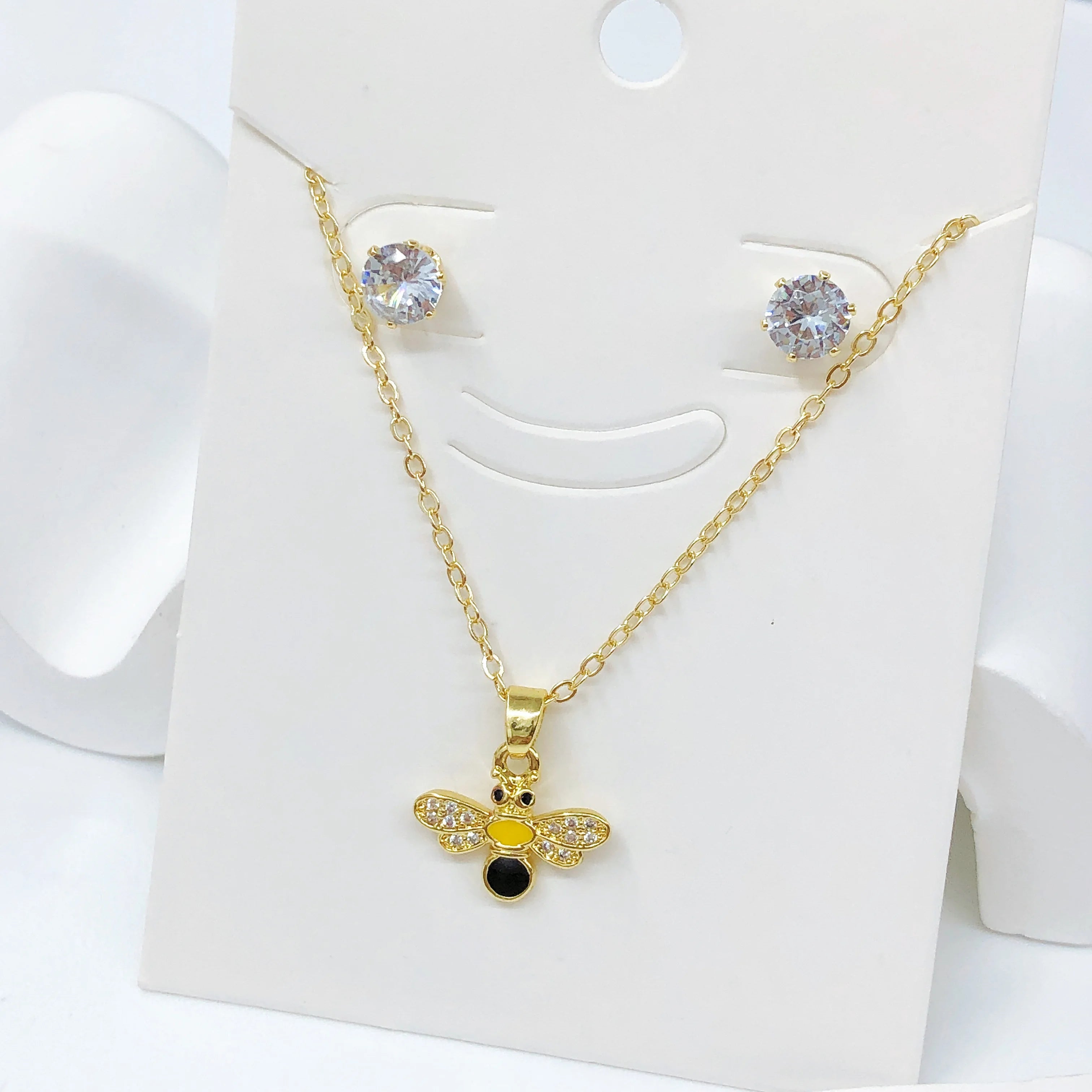 2Pcs Cute Insect Bee Zircon Jewelry Set Necklace Earrings New Fashion Women's Daily Party Jewelry Girls' Exquisite Gift
