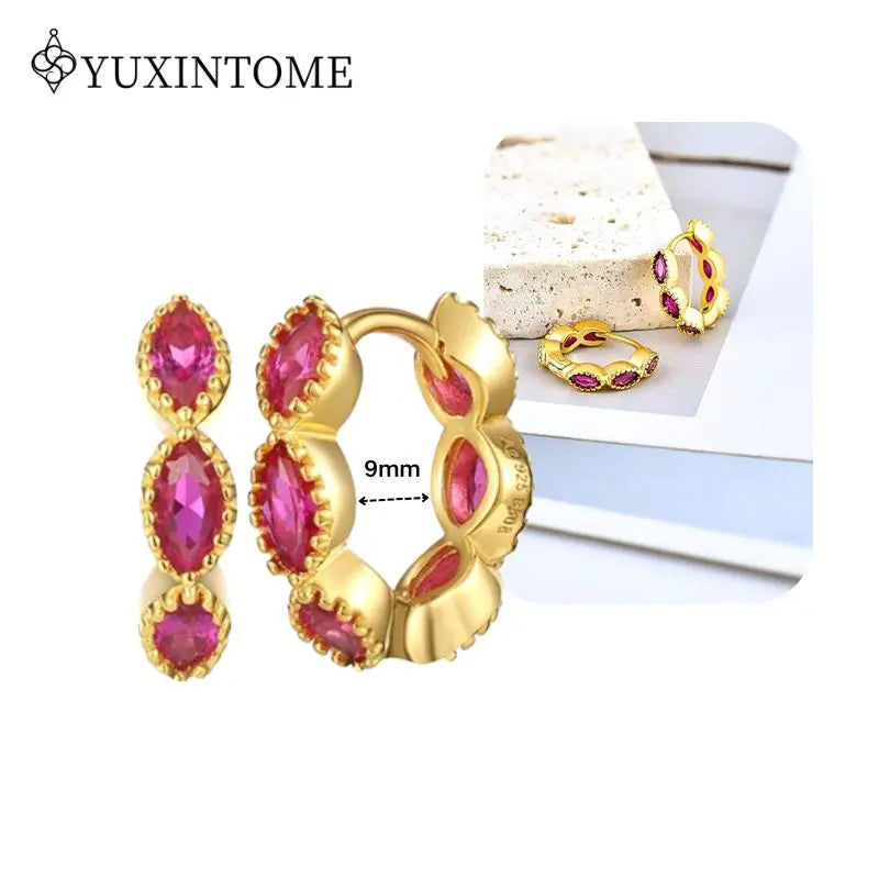 Rose Red Zircon Gold Earrings for women 925 Sterling Silver Ear Needle Geometric Pendant Hoop Earrings Fashion Wedding Jewelry