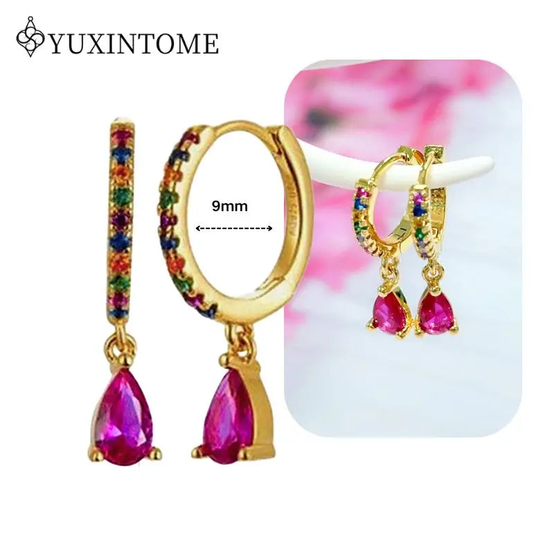 Rose Red Zircon Gold Earrings for women 925 Sterling Silver Ear Needle Geometric Pendant Hoop Earrings Fashion Wedding Jewelry