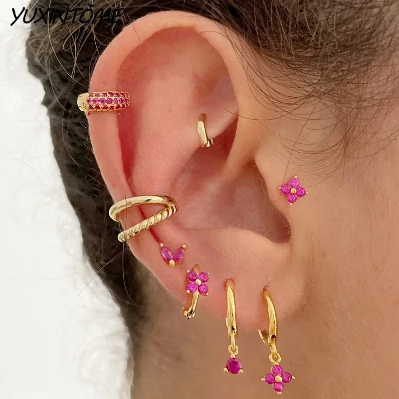 Rose Red Zircon Gold Earrings for women 925 Sterling Silver Ear Needle Geometric Pendant Hoop Earrings Fashion Wedding Jewelry