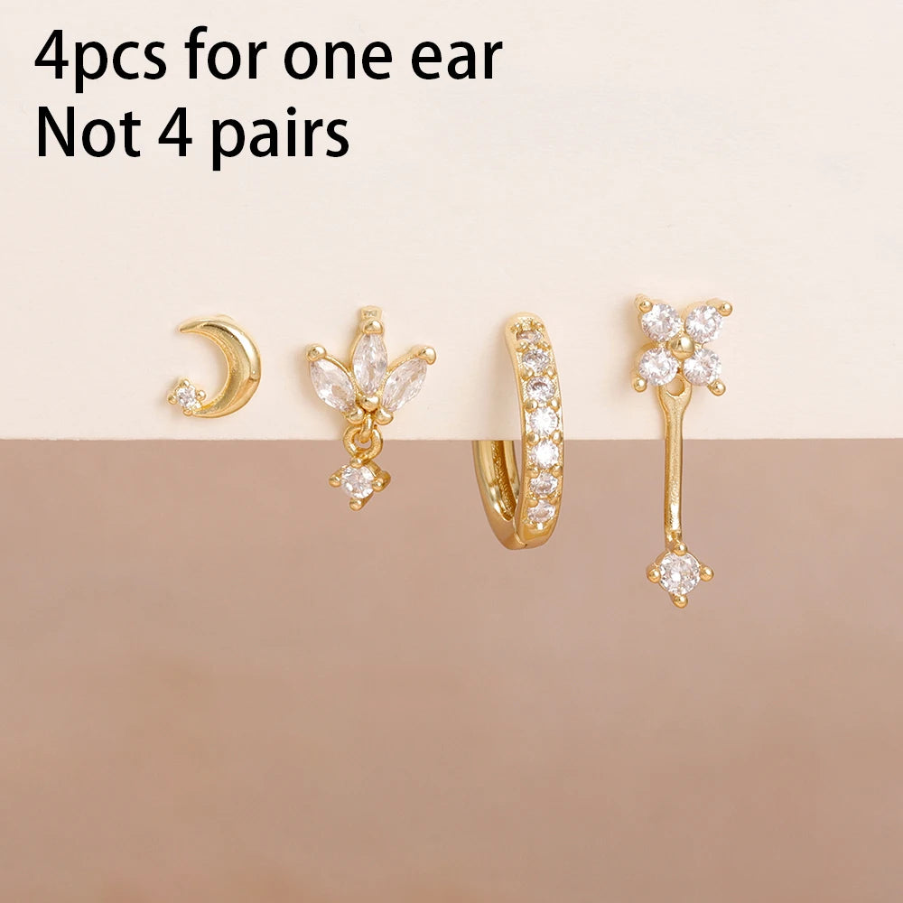 4PCS Zircon Star Moon Flower Small Hoop Earrings Set For Women Stainless Steel Huggies Pendant Piercing Earrings Jewelry Aretes