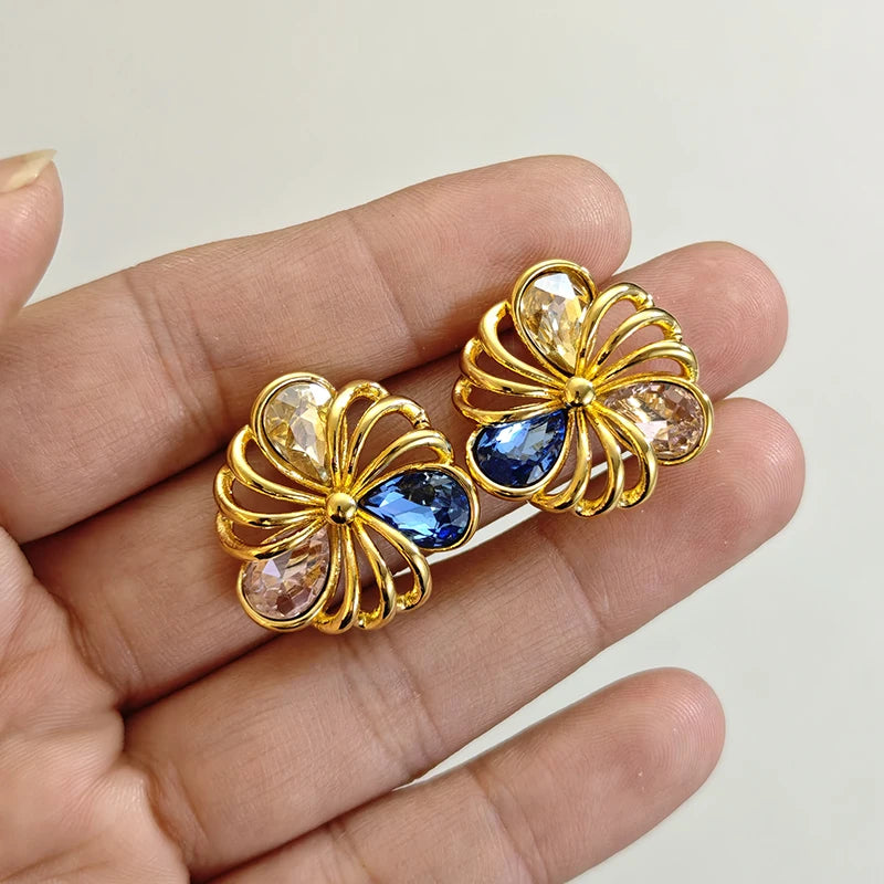 Letdiffery Fashion Hollow Zircon Flower Earring Ring Necklace Set for Women Stainless Steel Delicate Colorful Floral Jewelry Set