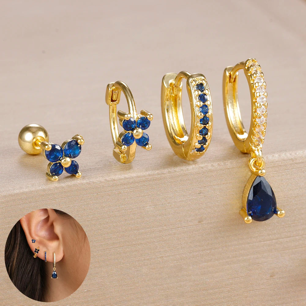 4PCS Zircon Star Moon Flower Small Hoop Earrings Set For Women Stainless Steel Huggies Pendant Piercing Earrings Jewelry Aretes