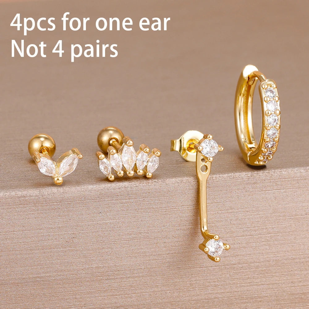 4PCS Zircon Star Moon Flower Small Hoop Earrings Set For Women Stainless Steel Huggies Pendant Piercing Earrings Jewelry Aretes