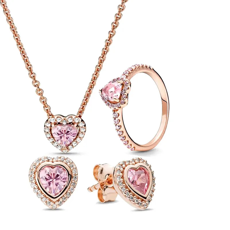 New 925 sterling silver heart-shaped pink ring necklace earring set luxurious sparkling charm jewelry fashion wedding gift