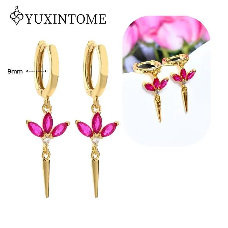 Rose Red Zircon Gold Earrings for women 925 Sterling Silver Ear Needle Geometric Pendant Hoop Earrings Fashion Wedding Jewelry