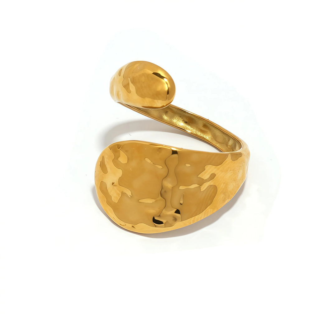 Stainless Steel Geometric Hollow Layered Wide Ring Metal Texture Waterproof Daily Simple Stylish Golden Jewelry for Women