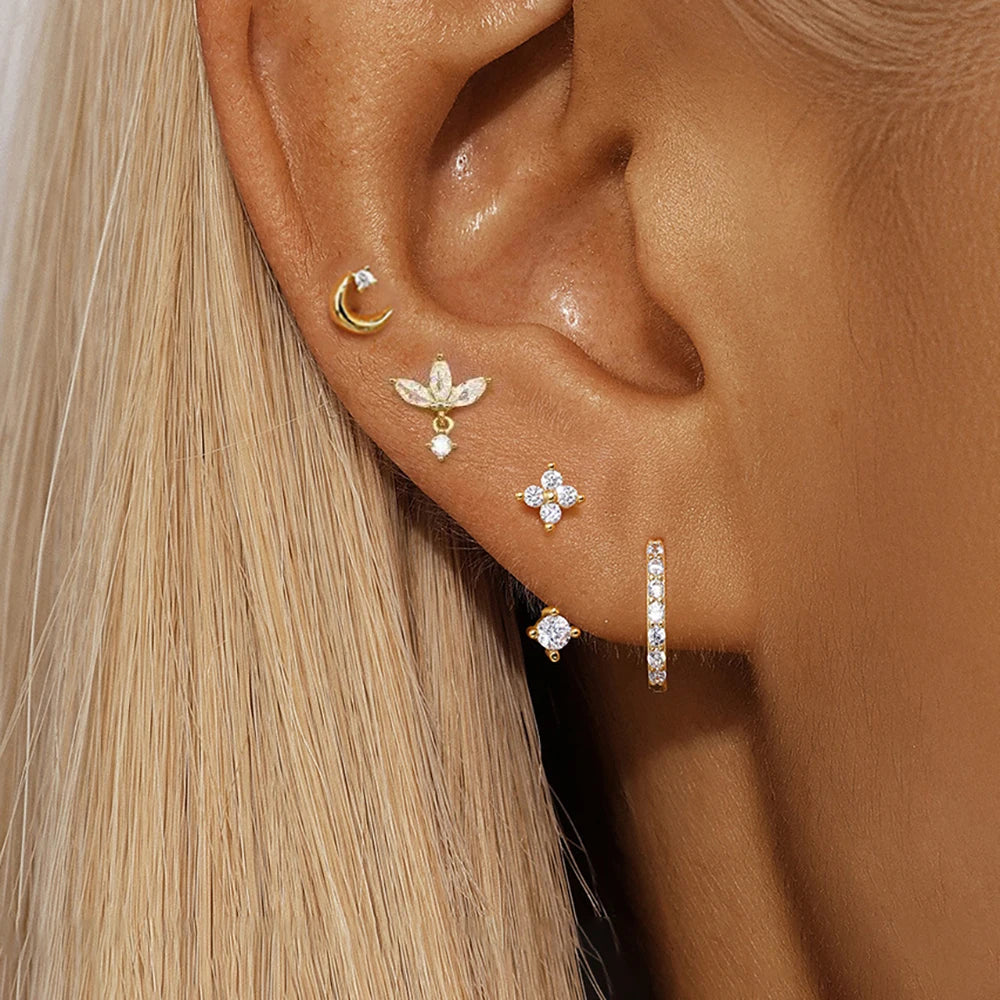 4PCS Zircon Star Moon Flower Small Hoop Earrings Set For Women Stainless Steel Huggies Pendant Piercing Earrings Jewelry Aretes