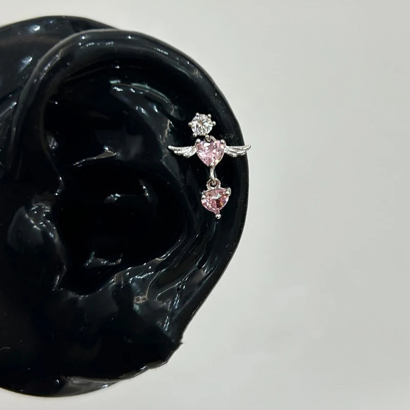1 Pcs Pink Love Heart Wings Star Pendant Ear Bone Nail 316L Stainless Steel Piercing Earring Y2K Punk Jewelry Women Accessories