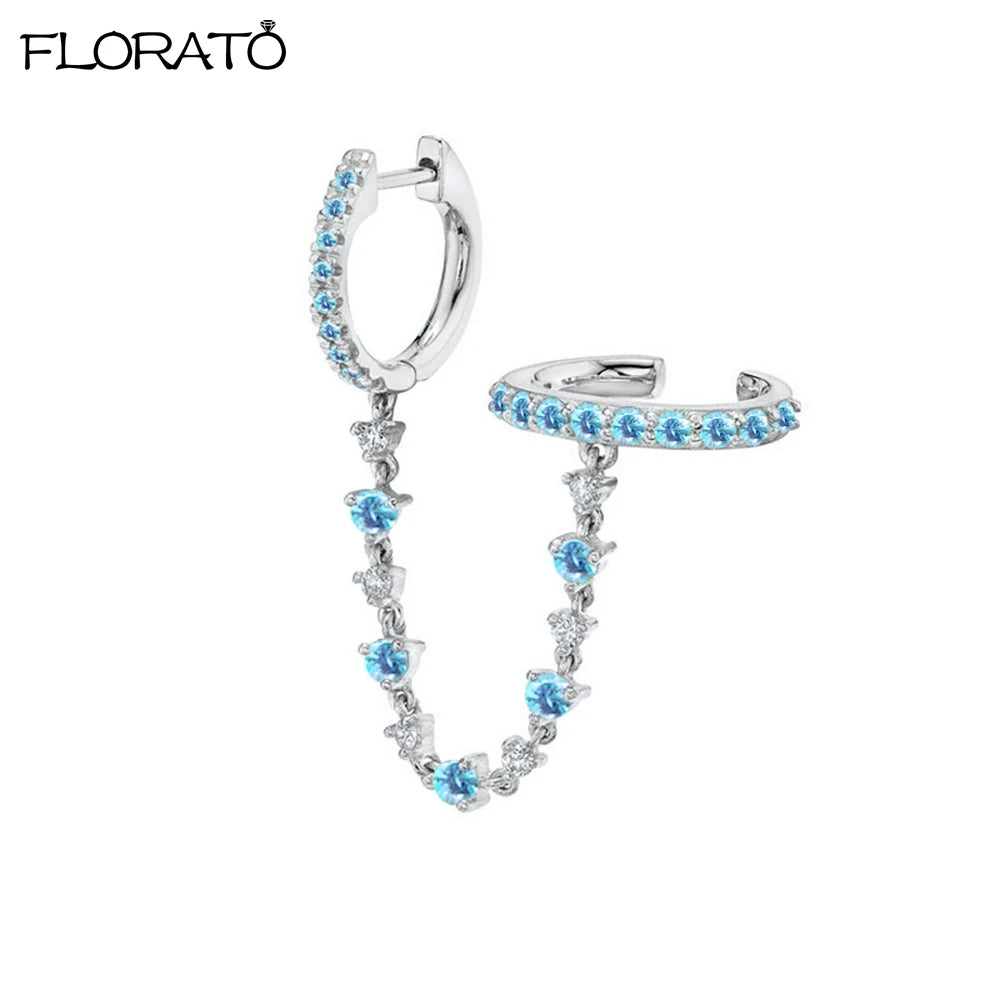 1PC 925 Silver Needle Colorful Crystal Chain Pendant Hoop Earrings For Women Two Hole Enamel Star Earrings Fashion Jewelry Gift